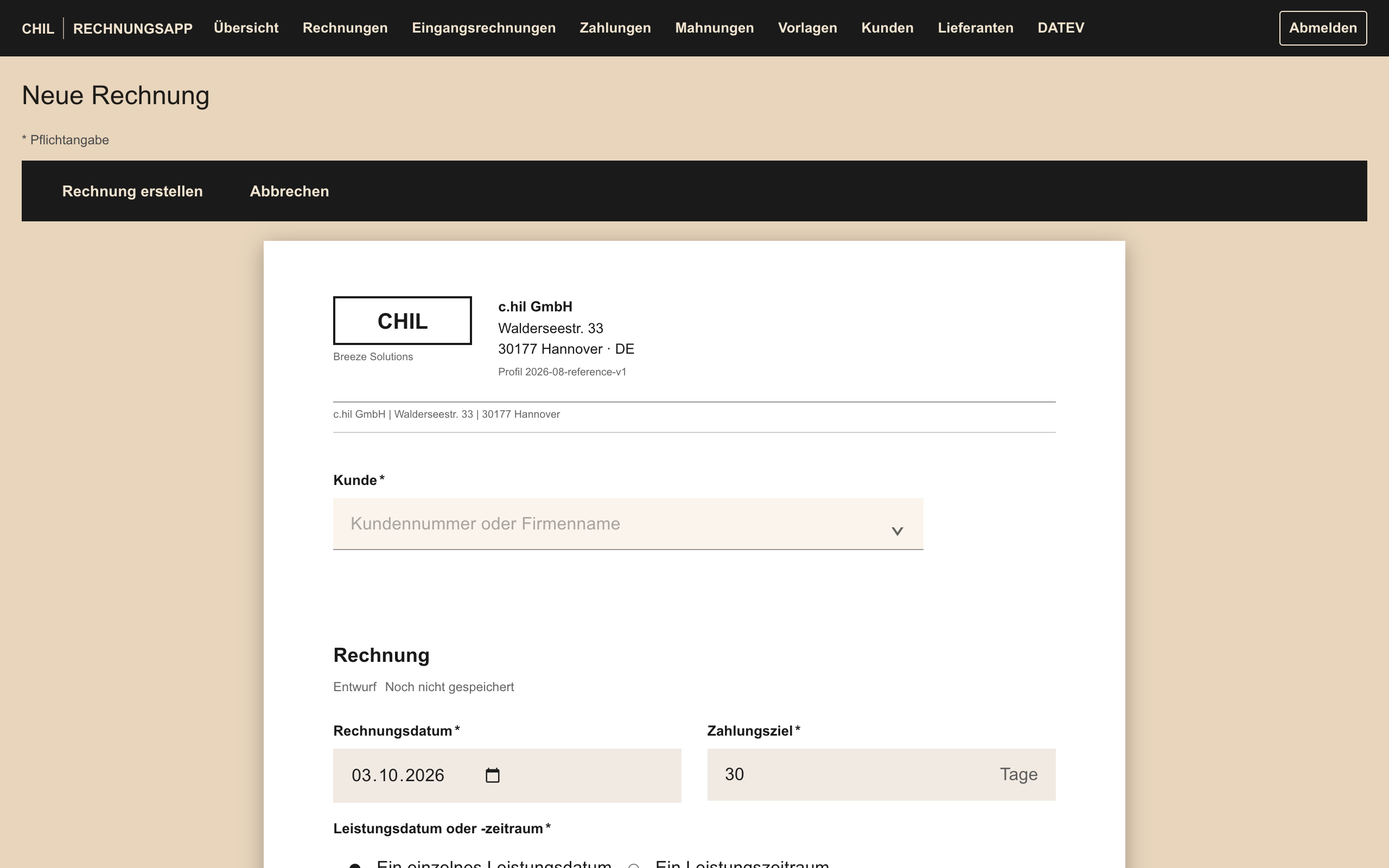Formular für eine neue Rechnung in Rechnella mit Briefkopf, Kundenauswahl, Rechnungsdatum und Zahlungsziel.